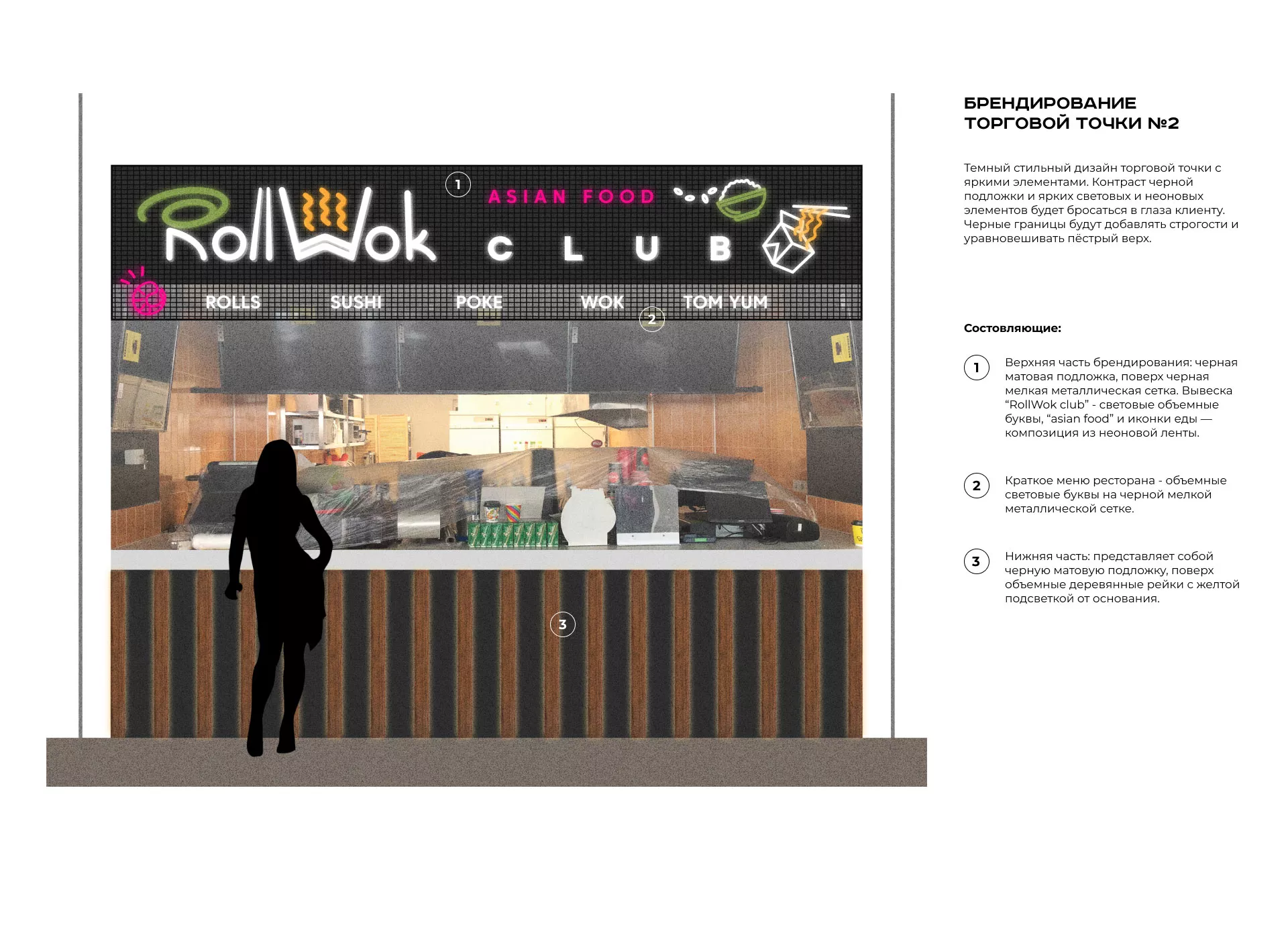 Брендирование торговых точек суши-бара «Roll Wok Club» в Лесосибирске